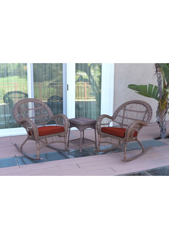 3pc Santa Maria Honey Rocker Wicker Chair Set - Brick Red Cushions