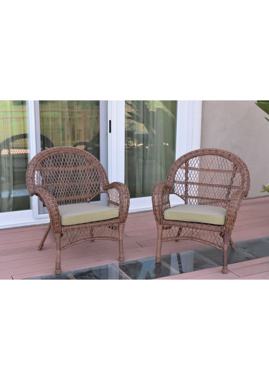 Santa Maria Honey Wicker Chair with Tan Cushion - Set of 2