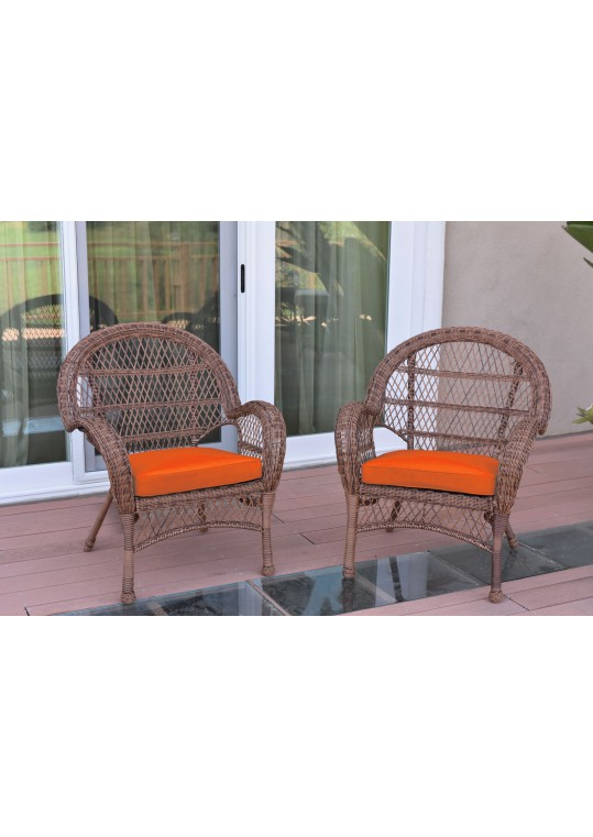 Santa Maria Honey Wicker Chair with Orange Cushions Set of 2