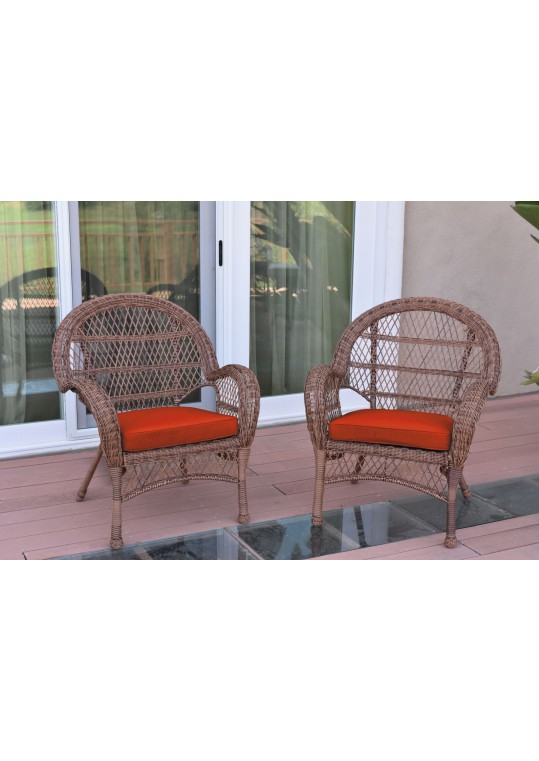 Santa Maria Honey Wicker Chair with Brick Red Cushions Set of 2