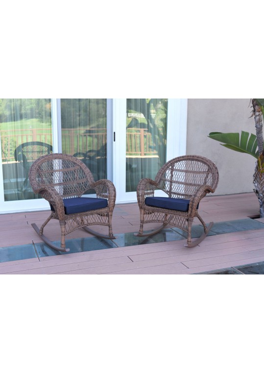 Santa Maria Honey Wicker Rocker Chair with Midnight Blue Cushion - Set of 2