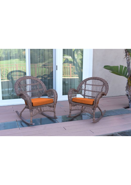 Santa Maria Honey Wicker Rocker Chair with Orange Cushion - Set of 2
