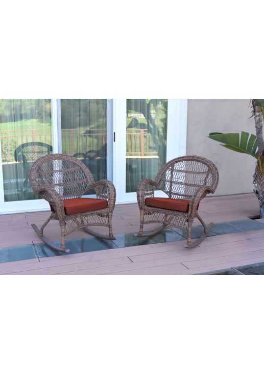 Santa Maria Honey Wicker Rocker Chair with Brick Red Cushion - Set of 2