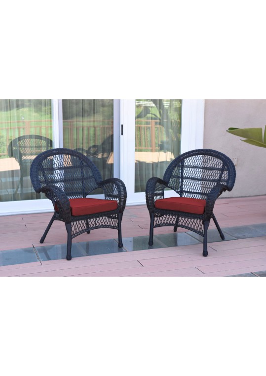 Santa Maria Black Wicker Chair with Brick Red Cushion - Set of 2