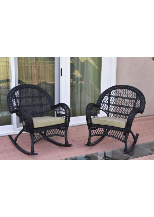 Santa Maria Black Wicker Rocker Chair with Tan Cushion - Set of 2