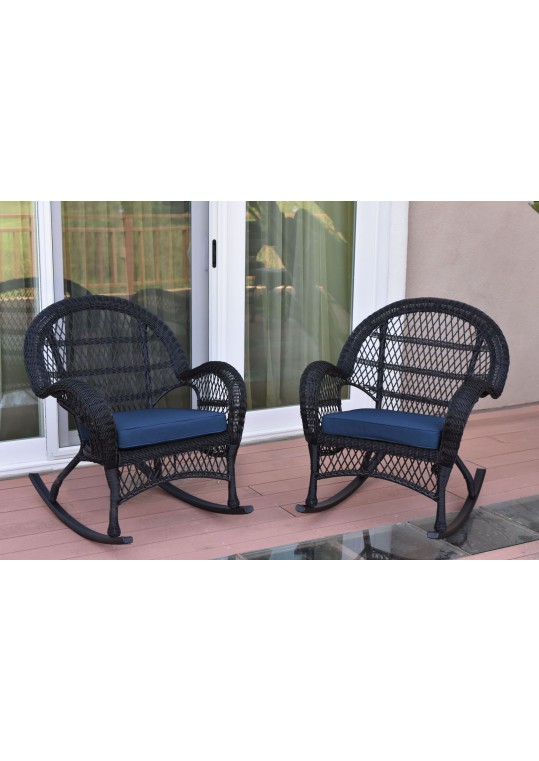 Santa Maria Black Wicker Rocker Chair with Midnight Blue Cushion - Set of 2