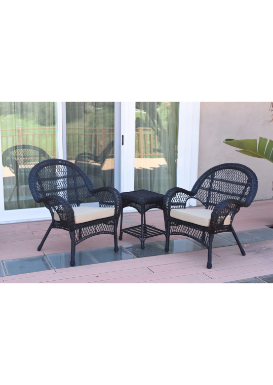 3pc Santa Maria Black Wicker Chair Set - Tan Cushions