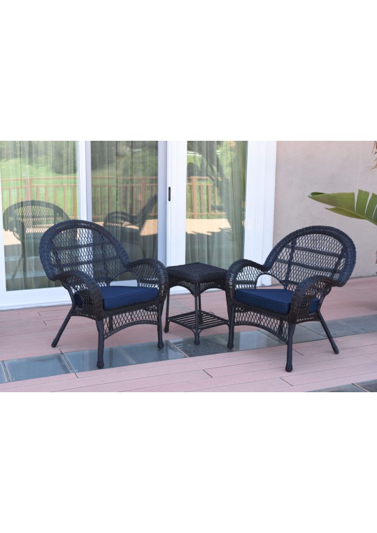 3pc Santa Maria Black Wicker Chair Set - Midnight Blue Cushions