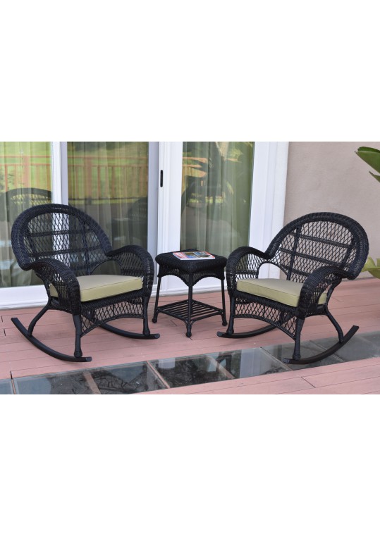 3pc Santa Maria Black Rocker Wicker Chair Set - Tan Cushions