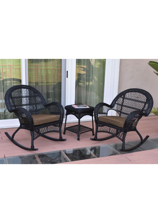 3pc Santa Maria Black Rocker Wicker Chair Set - Brown Cushions