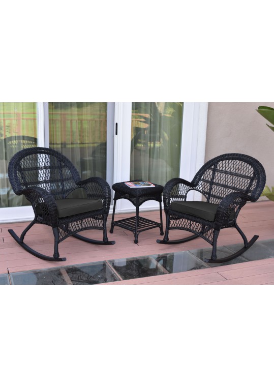 3pc Santa Maria Black Rocker Wicker Chair Set - Black Cushions