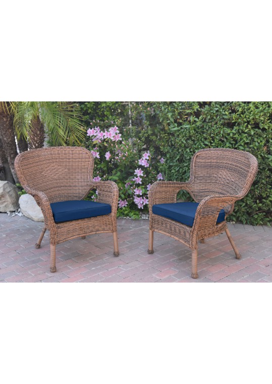 Set of 2 Windsor Honey Resin Wicker Chair with Midnight Blue Cushions