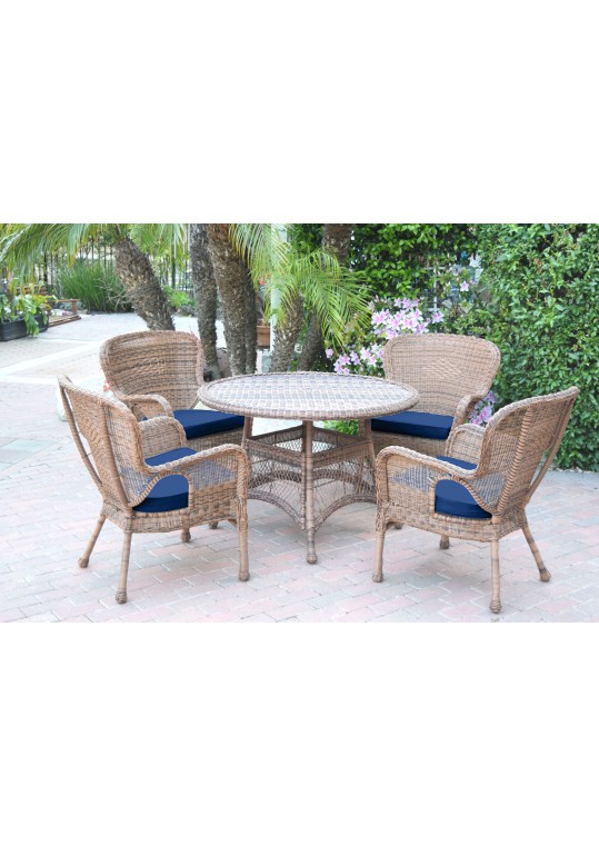 5pc Windsor Honey Wicker Dining Set - Midnight Blue Cushions