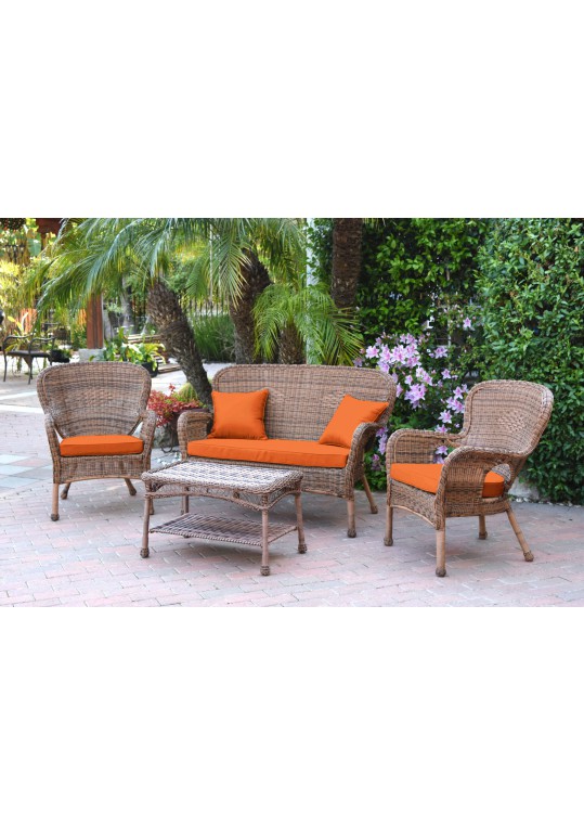 4pc Windsor Honey Wicker Conversation Set - Orange Cushions