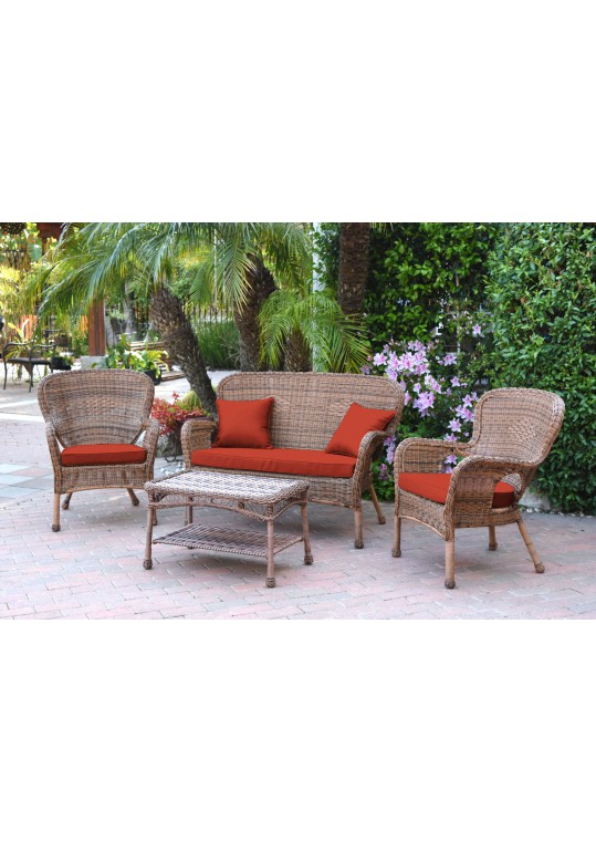 4pc Windsor Honey Wicker Conversation Set - Brick Red Cushions