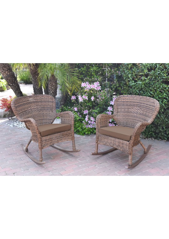 Set of 2 Windsor Honey Resin Wicker Rocker Chair with Brown Cushions