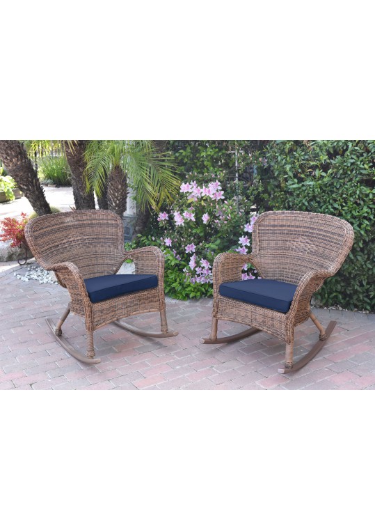 Set of 2 Windsor Honey Resin Wicker Rocker Chair with Midnight Blue Cushions