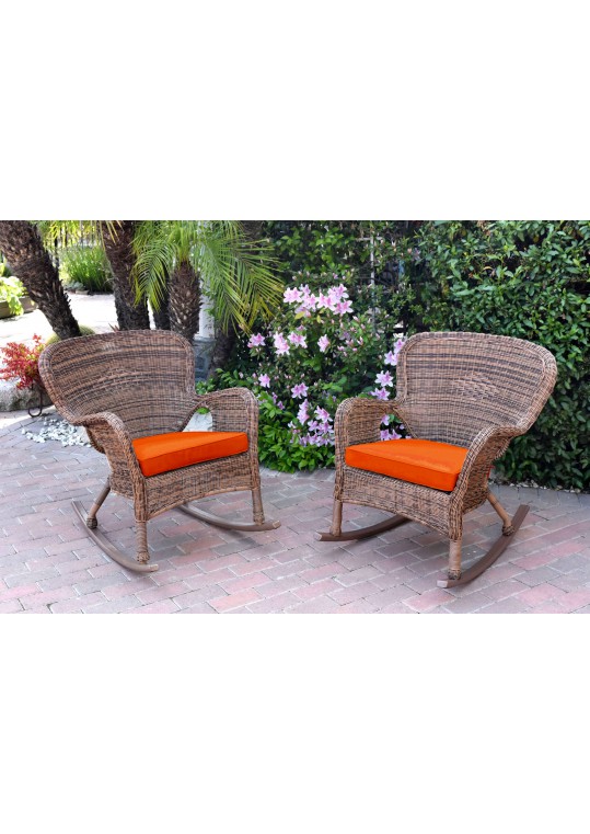 Set of 2 Windsor Honey Resin Wicker Rocker Chair with Orange Cushions