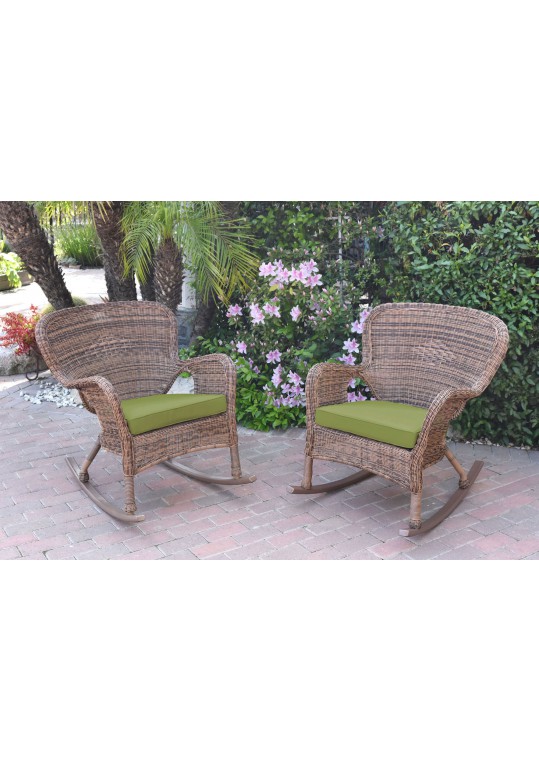 Set of 2 Windsor Honey Resin Wicker Rocker Chair with Sage Green Cushions