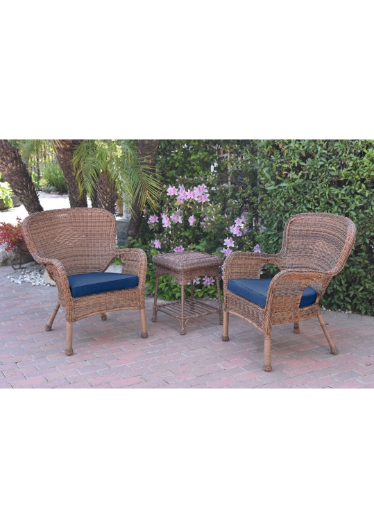 Windsor Honey Wicker Chair And End Table Set With Midnight Blue Chair Cushion