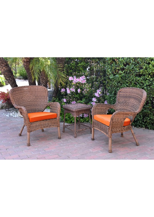 Windsor Honey Wicker Chair And End Table Set With Orange Chair Cushion