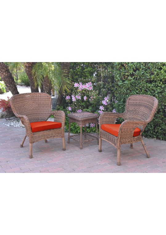 Windsor Honey Wicker Chair And End Table Set With Brick Red Chair Cushion