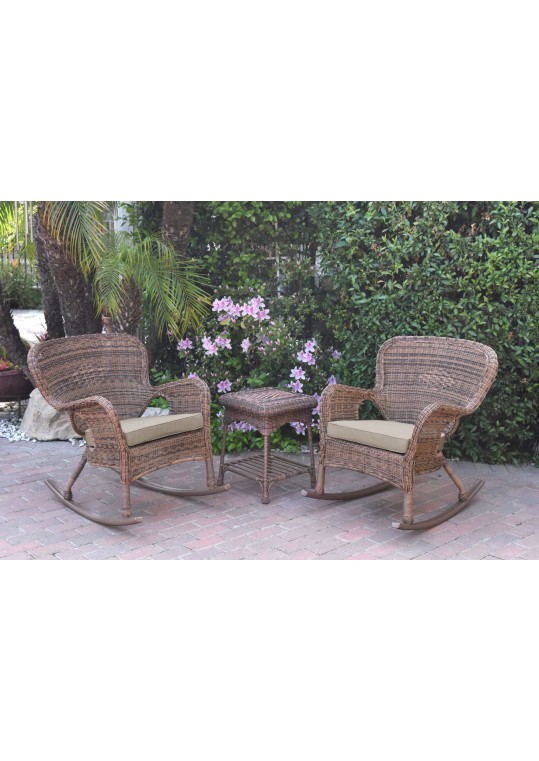 Windsor Honey Wicker Rocker Chair And End Table Set With Tan Chair Cushion