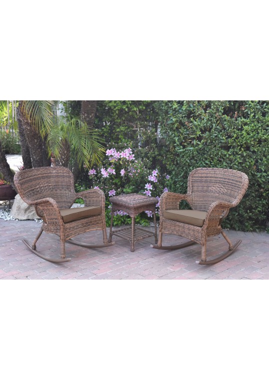 Windsor Honey Wicker Rocker Chair And End Table Set With Brown Chair Cushion