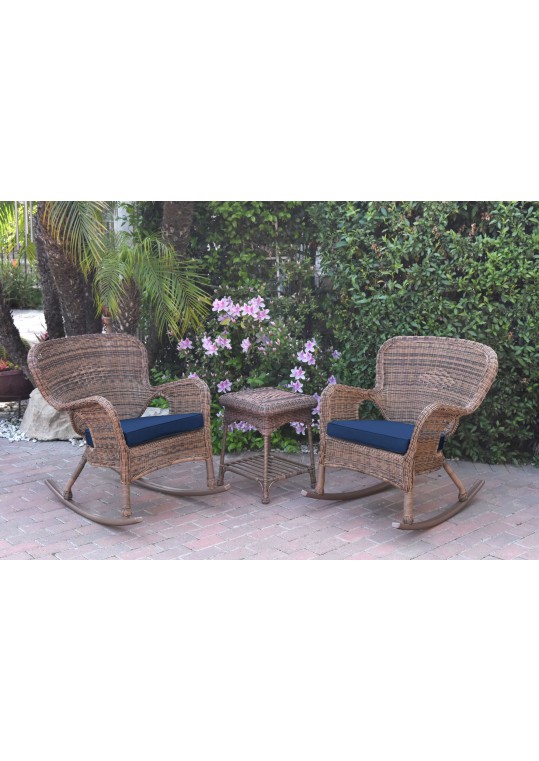Windsor Honey Wicker Rocker Chair And End Table Set With Midnight Blue Chair Cushion