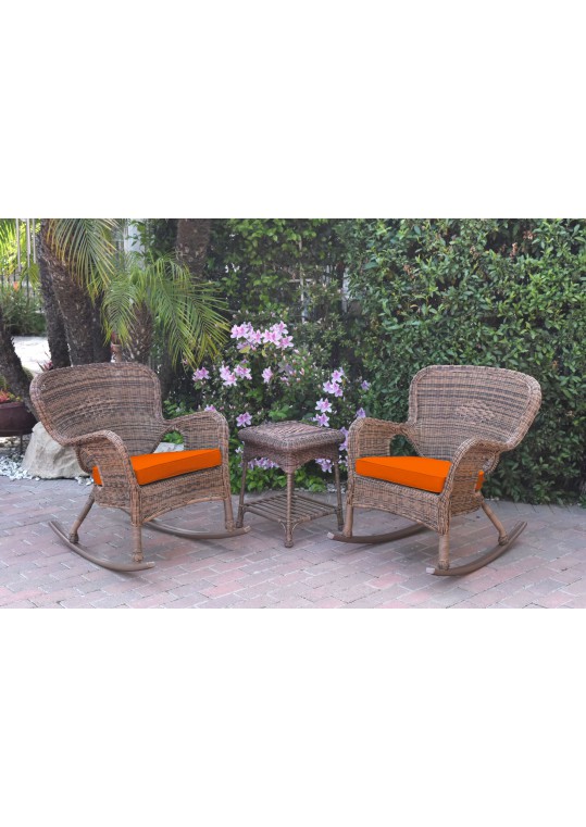 Windsor Honey Wicker Rocker Chair And End Table Set With Orange Chair Cushion