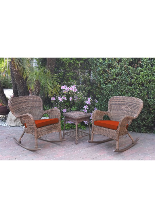 Windsor Honey Wicker Rocker Chair And End Table Set With Brick Red Cushion