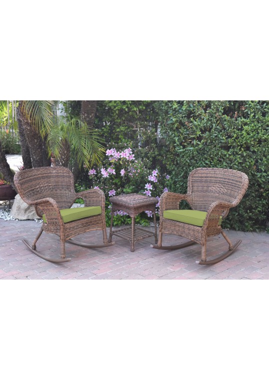 Windsor Honey Wicker Rocker Chair And End Table Set With Sage Green Chair Cushion