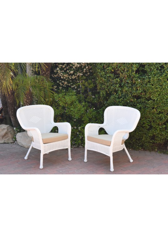 Set of 2 Windsor White Resin Wicker Chair with Tan Cushions