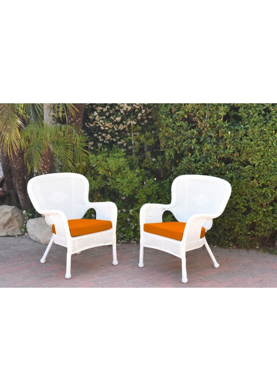 Set of 2 Windsor White Resin Wicker Chair with Orange Cushions