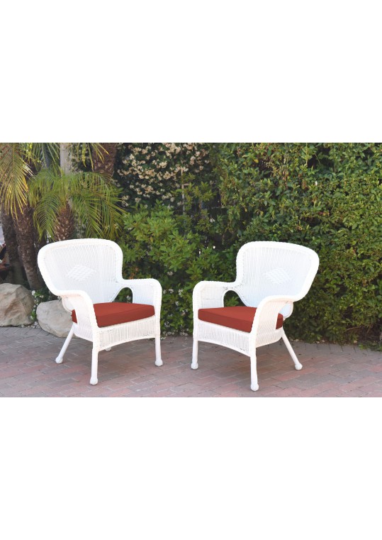 Set of 2 Windsor White Resin Wicker Chair with Brick Red Cushions