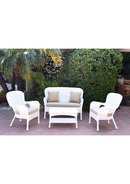 4pc Windsor White Wicker Conversation Set - Tan Cushions