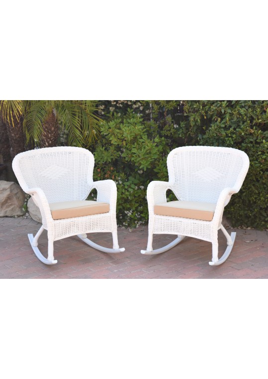 Set of 2 Windsor White Resin Wicker Rocker Chair with Tan Cushions