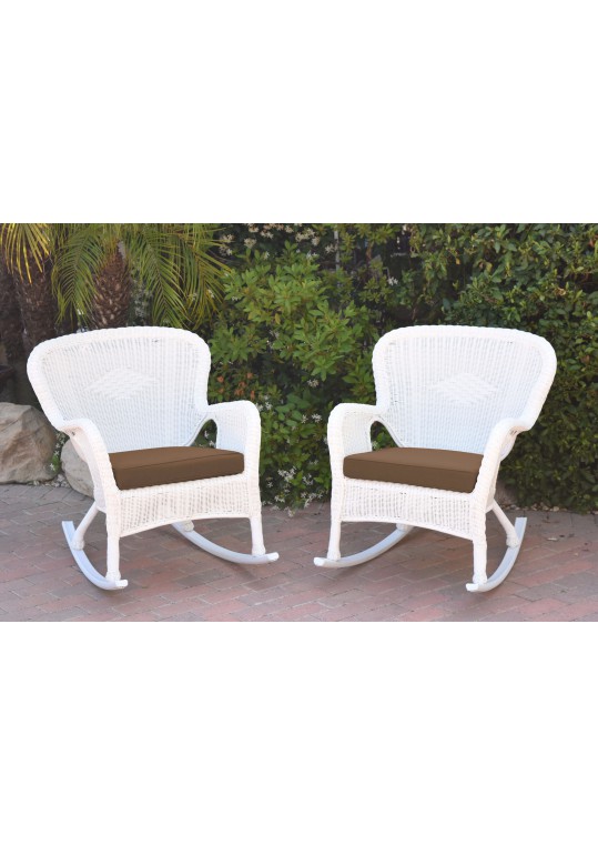 Set of 2 Windsor White Resin Wicker Rocker Chair with Brown Cushions