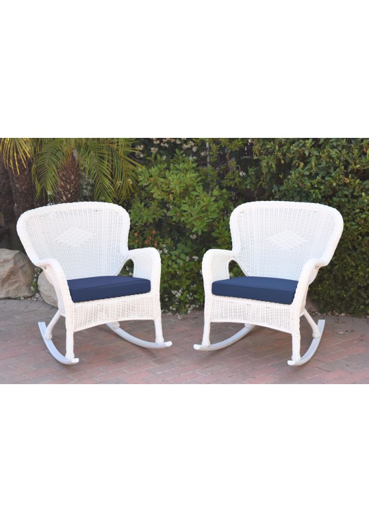 Set of 2 Windsor White Resin Wicker Rocker Chair with Midnight Blue Cushions