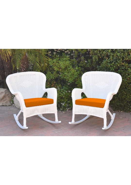 Set of 2 Windsor White Resin Wicker Rocker Chair with Orange Cushions