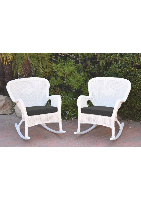 Set of 2 Windsor White Resin Wicker Rocker Chair with Black Cushions