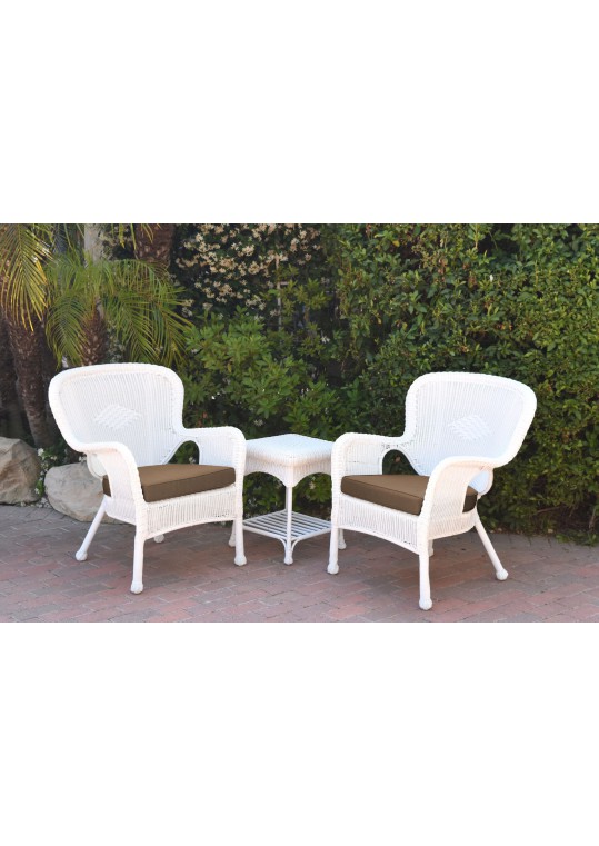 Windsor White Wicker Chair And End Table Set With Brown Chair Cushion