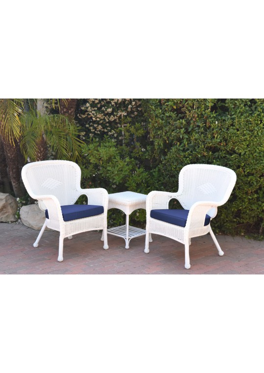 Windsor White Wicker Chair And End Table Set With Midnight Blue Chair Cushion
