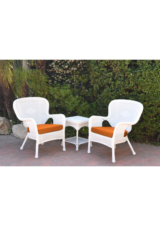 Windsor White Wicker Chair And End Table Set With Orange Chair Cushion