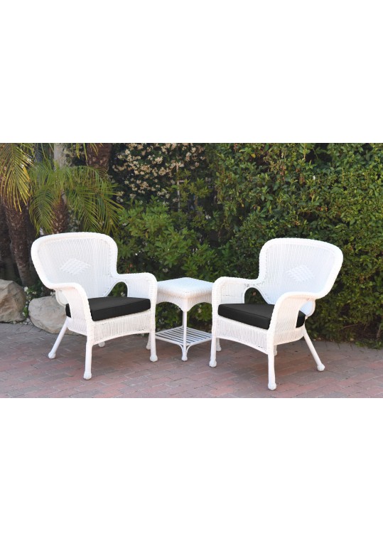 Windsor White Wicker Chair And End Table Set With Black Chair Cushion