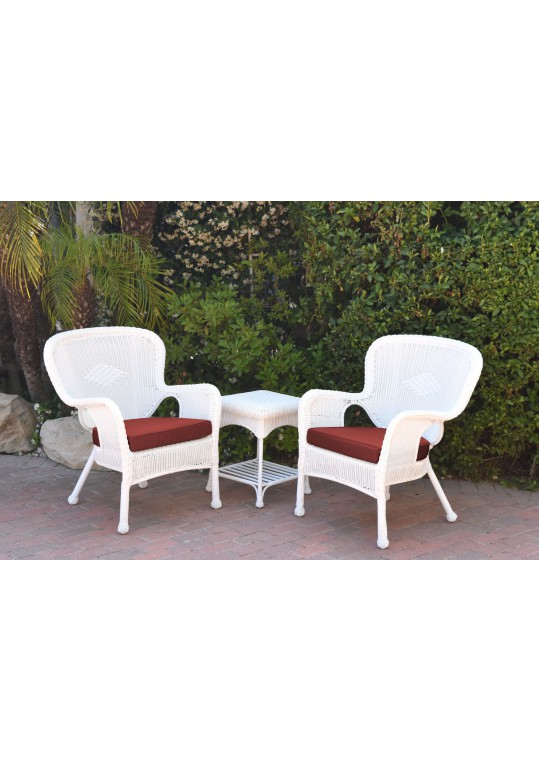 Windsor White Wicker Chair And End Table Set With Brick Red Cushion