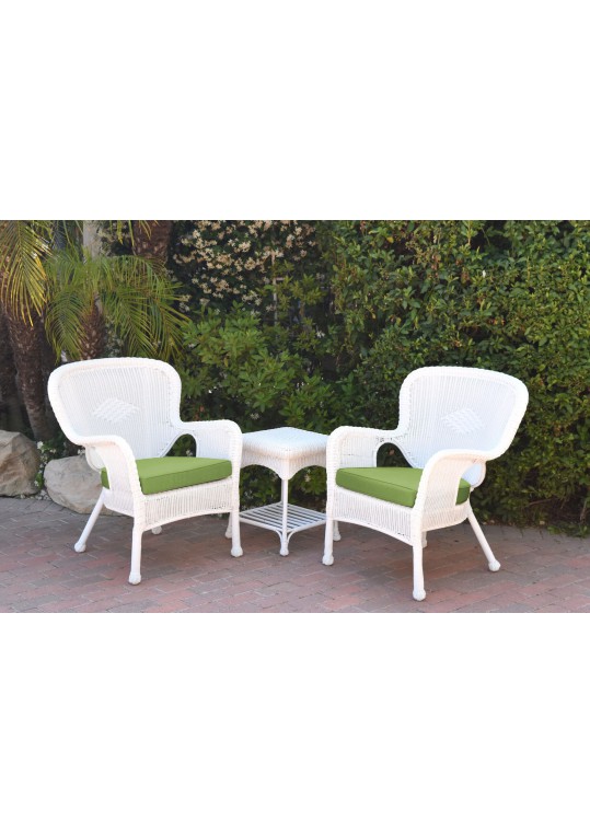 Windsor White Wicker Chair And End Table Set With Sage Green Chair Cushion