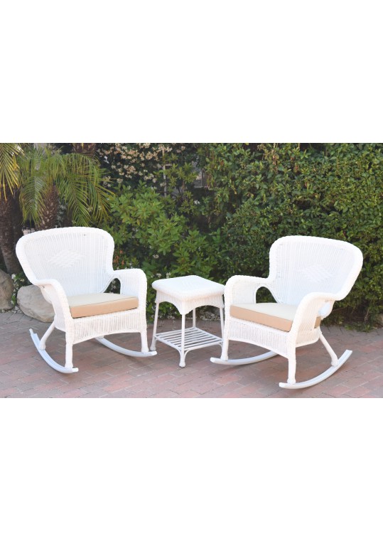 Windsor White Wicker Rocker Chair And End Table Set With Tan Chair Cushion