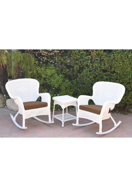 Windsor White Wicker Rocker Chair And End Table Set With Brown Chair Cushion