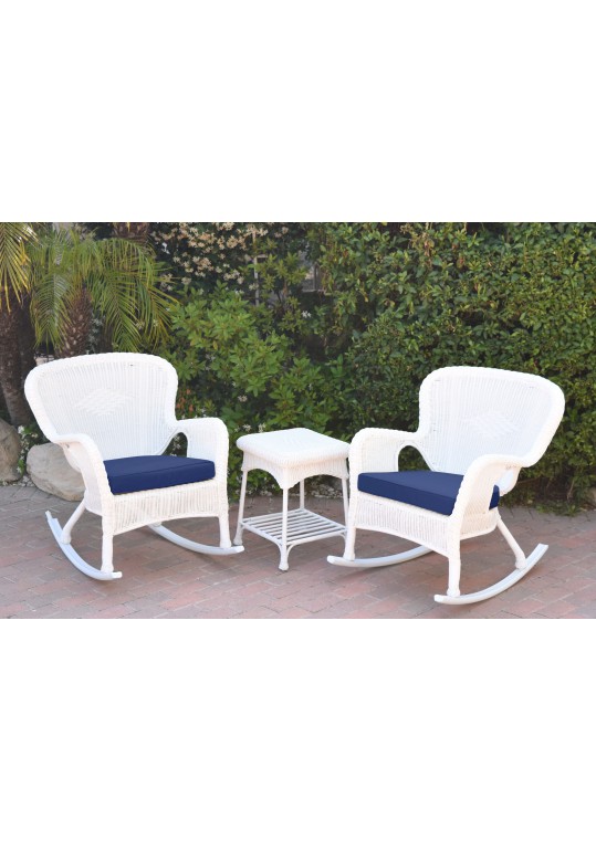 Windsor White Wicker Rocker Chair And End Table Set With Midnight Blue Chair Cushion